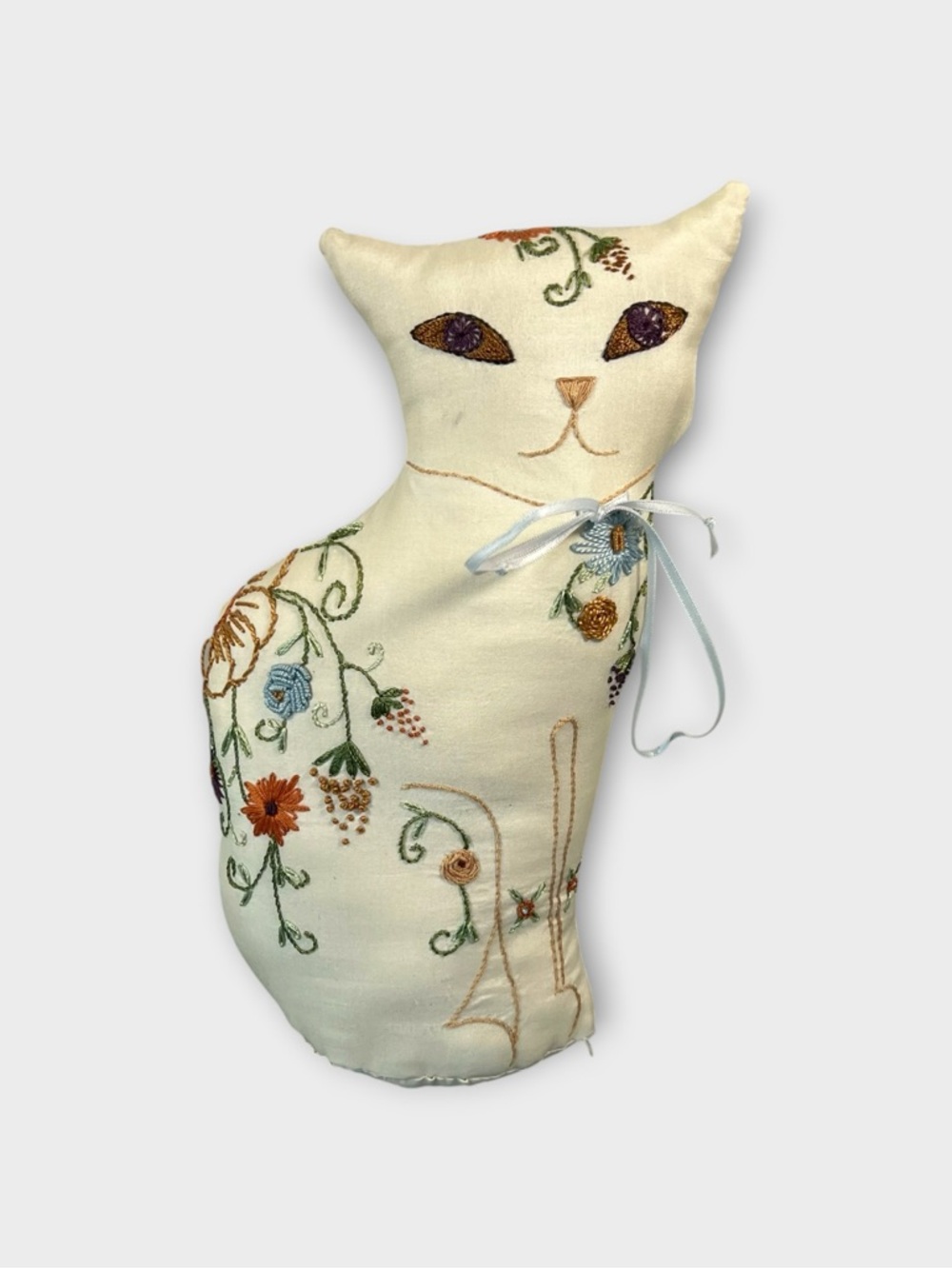 Vintage Handmade Patchwork Embroidered Farmhouse Cat Pillow Door Stop Grannycore